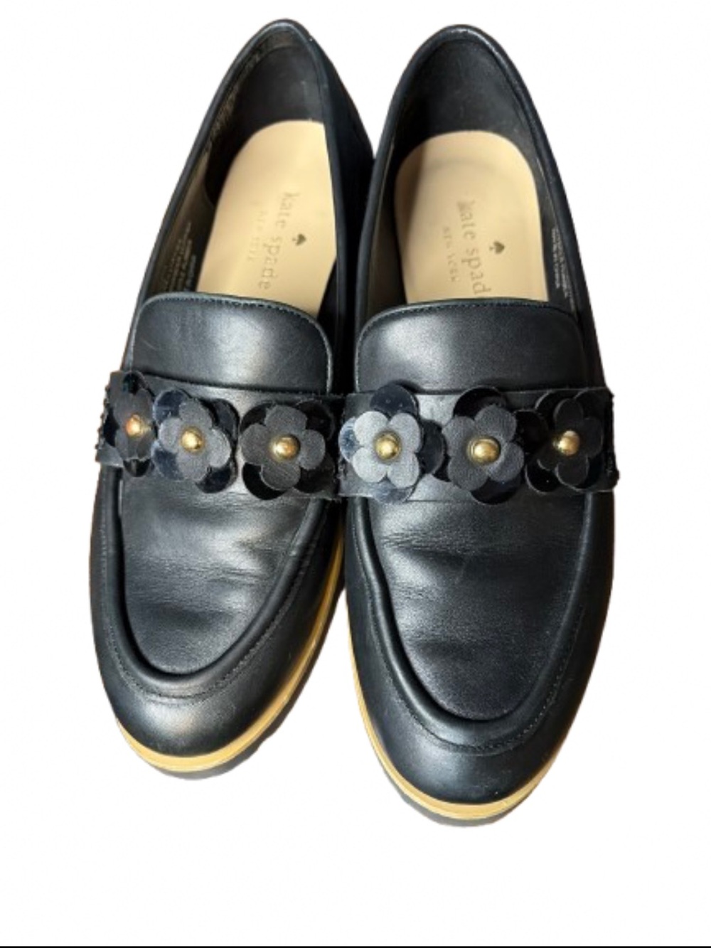 kate spade “Karisa” Black Leather Floral-Accent Loafers, sz 6.5